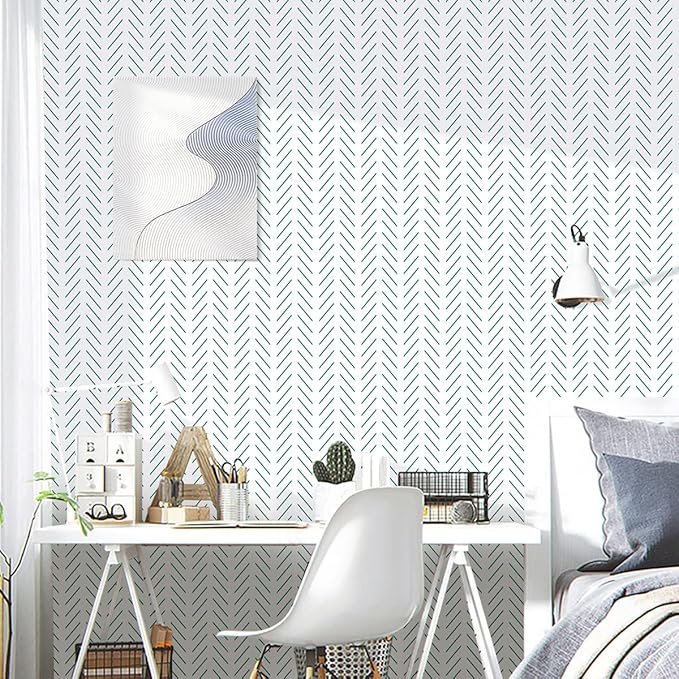 Erfoni Green and White Peel and Stick Wallpaper Herringbone Contact Paper for Bathroom 17.7inch x 118.1inch Modern Geometric Removable Wallpaper Peel and Stick Line Self Adhesive Contact Paper