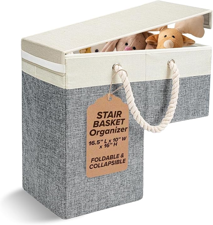 Stair Basket Foldable Linen Storage Organizer with Toplid for Carpeted Stairs & Wooden Staircases. Versatile Sturdy Bag for Climbing, Laundry & Shoe