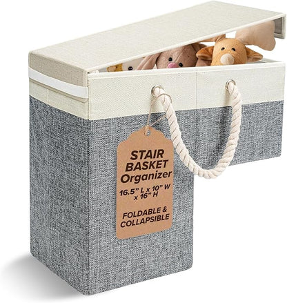 Stair Basket Foldable Linen Storage Organizer with Toplid for Carpeted Stairs & Wooden Staircases. Versatile Sturdy Bag for Climbing, Laundry & Shoe