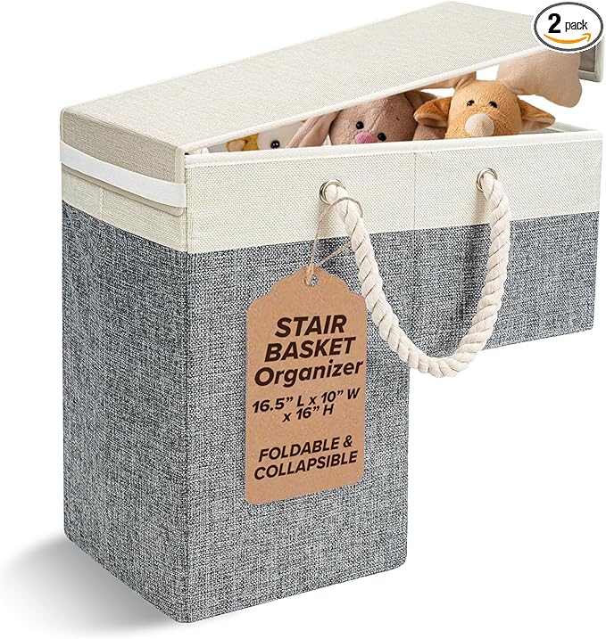 2 PACK | Stair Basket Organizer with Top Lid for Carpeted Stairs & Wooden Staircases. Versatile Sturdy Linen Storage Bag for Climbing, Laundry & Shoe