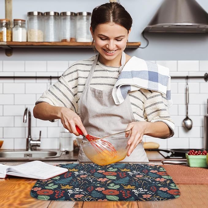 Sanwarm Absorbent Dish Drying Mat, All Lace Colorful Flowers Ornaments Microfiber Pad for Kitchen Counter, Coffee Bar Decor, Heat Resistant and Reversible, 16" x 18"