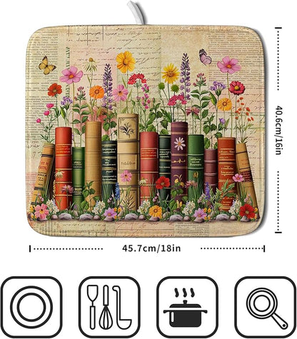 Colorful Books Kitchen Drying Mat - Watercolor Floral Drying Matt Kitchen Counter 16 X 18 In