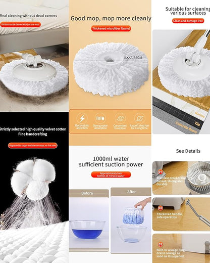 Spin Mop and Bucket System with Wringer, Microfiber Spin Mop and Bucket Set, Stainless Steel Handle, Rolling Mop Bucket with Drain Plug, Includes 3 Mop Heads for Hardwood Tile Floors