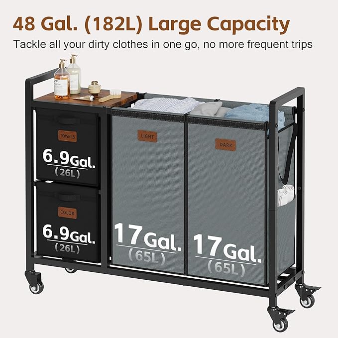 Hoctieon 4 Section Laundry Cart, 48 Gal. (182L) Laundry Hamper with Lid, Laundry Basket with Wheels, Rolling Laundry Sorter Organizer with Shelf, Clothes Separator with Removable Bags, Black+Gray