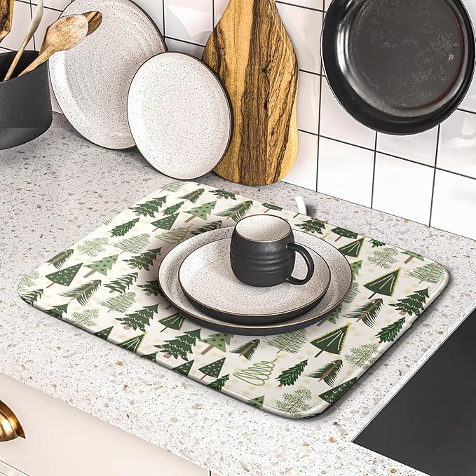 Christmas Dish Drying Mat for Kitchen Counter 16x18 Green Xmas Tree Block Print Winter Holiday Theme Absorbent Reversible Microfiber Drying Mats Kitchen Countertop Protector Dishes Drainer Pad