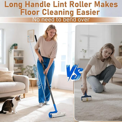 10" Large Lint Roller for Pet Hair Extra Sticky, Floor Lint Rollers Long Handle with Big Lint Rollers Refills for Couch Carpets Furniture Wall Clothing Floor Cleaning, Blue