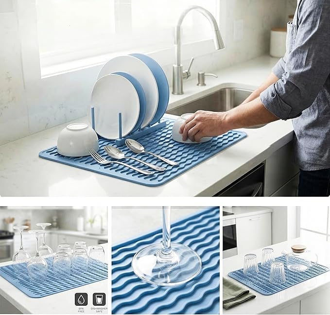 MicoYang Silicone Dish Drying Mat for Multiple Usage,Easy clean,Eco-friendly,Heat-resistant Silicone Mat for Kitchen Counter or Sink,Refrigerator or drawer liner Light Blue L 16 inches x 12 inches