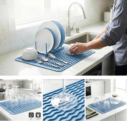 MicoYang Silicone Dish Drying Mat for Multiple Usage,Easy clean,Eco-friendly,Heat-resistant Silicone Mat for Kitchen Counter or Sink,Refrigerator or drawer liner Light Blue L 16 inches x 12 inches