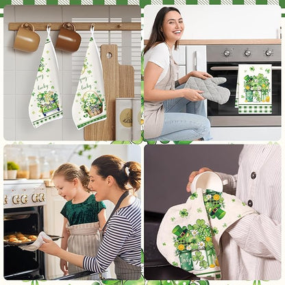 St Patricks Day Kitchen Towels, 4PCS Clover Floral Basket Dish Towels Gifts for Cooking Cleaning, Shamrock Absorbent Tea Towel with Hanging Loop for Home Decor(16 X 24 Inches)
