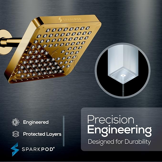 SparkPod Shower Head - High Pressure Rain - Premium Quality Luxury Design - Easy Clean Adjustable Replacement for Your Bathroom Shower Heads (Egyptian Gold, 6 Inch Square)