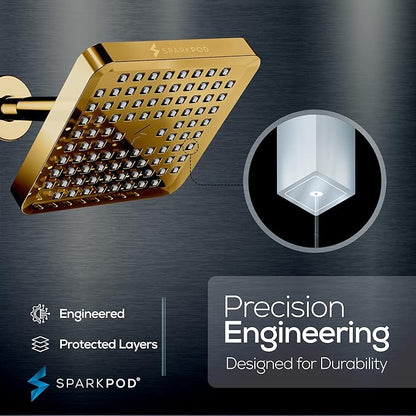 SparkPod Shower Head - High Pressure Rain - Premium Quality Luxury Design - Easy Clean Adjustable Replacement for Your Bathroom Shower Heads (Egyptian Gold, 6 Inch Square)