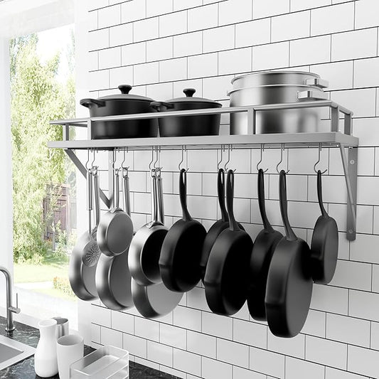 KES 30-Inch Silver Gray Pot Rack, Wall Mounted Hanging Pot and Pan Organizer with 12 Sturdy Hooks, Kitchen Wall Hanger Shelves Modern, KUR215S75A-SG