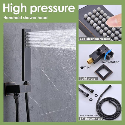 Enga Dual Shower Head Shower System with Body Jets, 12" Ceiling Mounted Rain Shower Head & 6" Wall Mounted Head Full Body Rainfall Shower Faucet with Valve Kit, Oil Rubbed Bronze