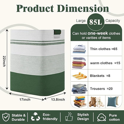 Laundry Hamper, 85L Tall Laundry Basket with Leather Handles, Rectangle Large Clothes Hamper for Organizing, Cotton Woven Laundry Baskets Storage Hampers for Bedroom, Nursery, Living Room