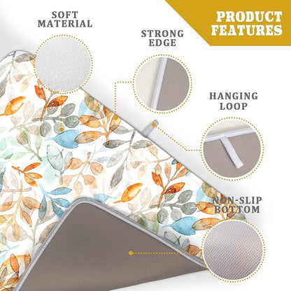 Fall Eucalyptus Leaf Dish Drying Mat 18 x 24 Inch With Absorbent Reversible Microfiber Orange Blue Leaves Autumn Drying Mats Thanksgiving Dish Drainer Mat Fast Dry For Kitchen Dining Room Decoration