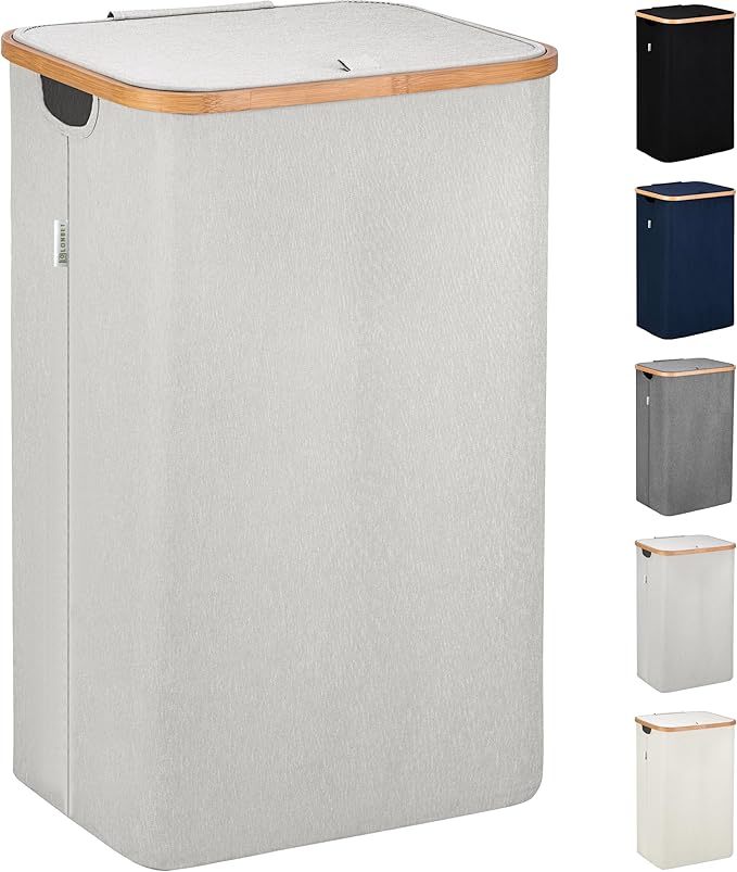 LONBET Laundry Basket with Lid, Made from Breathable Fabric | Aesthetic Clothes Hampers for Laundry with Side Handles & Sturdy Bamboo Frame (26 Gallons - Single, Light Gray)