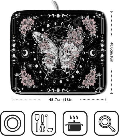 Skeleton Butterfly Dish Drying Mat Black Skull Absorbent Dish Drainer for Kitchen Counter Holiday Decor