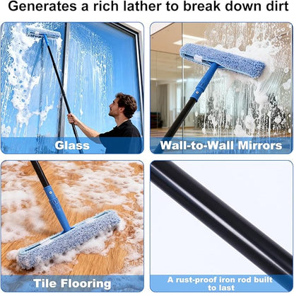 3-in-1 Professional Window Squeegee Kit with 2 Squeegee, 2 Microfiber Scrubber, 1 Razor Scraper, Thick Iron, 63.4" Window Squeegee with Extension Pole for Car, Glass, Mirror, Wall, Bathroom, Home, Van