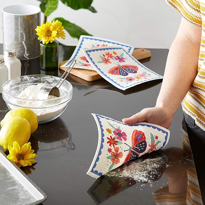 DII Swedish Dishcloths for Kitchen & Cleaning, Reusable, Machine Washable & Dishwasher Safe, Biodegradable, 7.75 x 6.75, Butterfly Folk, 3 Piece