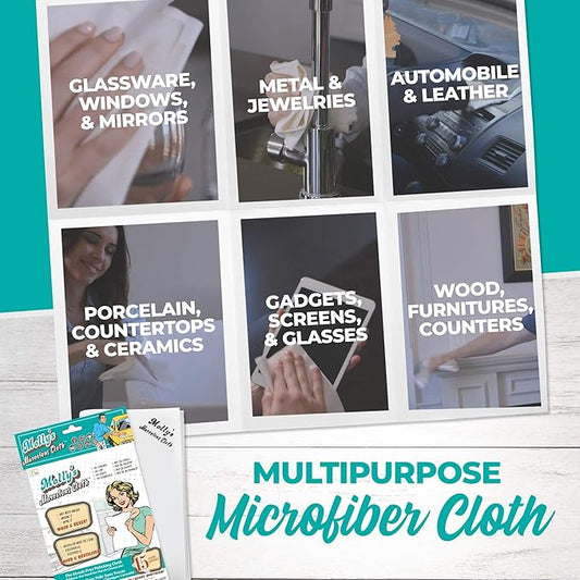 Molly's Marvelous Cloth, Streak-Free, Lint-Free Microfiber Cleaning Cloth, Polishing Cloth for Glass, Stainless Steel, Use for Kitchen, Bath, Cars, Detailing, Reusable (15.75" by 16") (15pk, White)