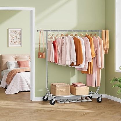 Tajsoon Clothing Rack Heavy Duty Clothes Racks Foldable Garment Rack with Wheels and Extendable Rod, Collapsible Clothing Rack Max Capacity 250lbs, Industrial Rolling Racks with Bottom Shelf, Chrome