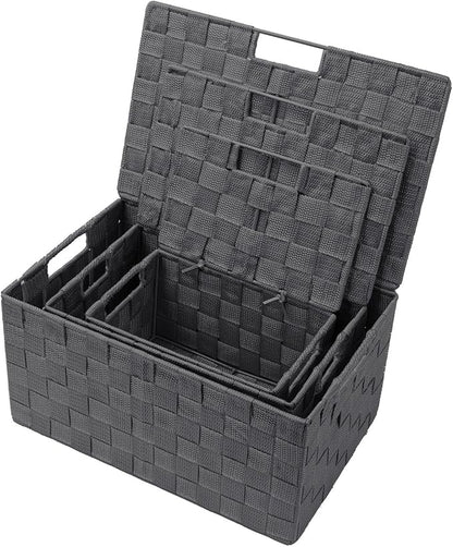 Sorbus Set of 3 Hand-Woven Storage Baskets with Lids – Mesh Organizers for Linen Closet, Shelves, or Home Storage – Variety Pack (Gray)