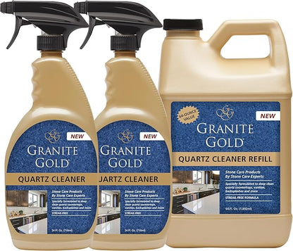 Granite Gold Quartz Cleaner Spray for Caesarstone, Cambria, Silestone and All Other Quartz Countertop Surfaces, 64 Fluid Ounces and 2 x 24 Fluid Ounces