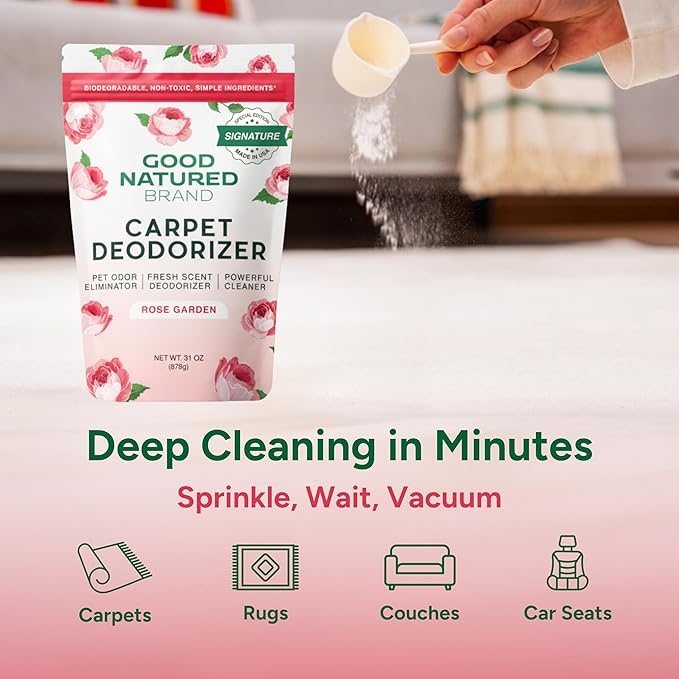 Good Natured Brand | Carpet Freshener & Deodorizer Powder | 31 oz Pet Odor Eliminator for Strong Odor & Pet Urine | Fresh Natural Rose Garden Scent | Safe for Homes with Pets