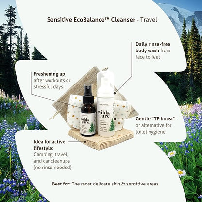 Wild & Pure Sensitive Skin Travel Size Body Wash Set (1.7Oz Foam, 0.9Oz Spray + wipes) | Cleanser, Deodorizer, Moisturizer | pH-Balanced, Microbiome-Friendly | EcoBalance Refillable Skincare