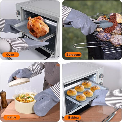 Silicone Oven Mitts, Heat Resistant Oven Gloves with Quilted Liner, Waterproof & Non-Slip Kitchen Mittens for Baking Cooking BBQ, 500°F, 13.5" Nordic Grey
