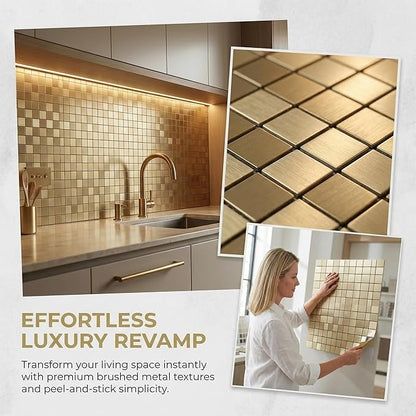 10pcs Waterproof Non-Slip Mosaic Wall Stickers, Heat-Resistant Self-Adhesive Tiles, Easy Cut & Peel for Kitchen Bathroom Bedroom Living Room (10, Golden)