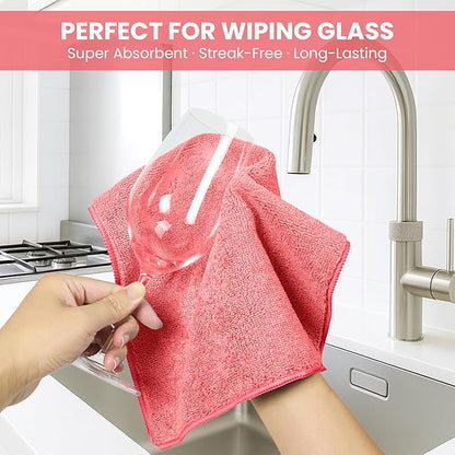 Microfiber Cleaning Cloth, 12 Pack Pink Cleaning Rags for Housekeeping, Reusable Microfiber Towels for Car, Kitchen, Bathroom and Household Cleaning Supplies, 11.8"X11.8"