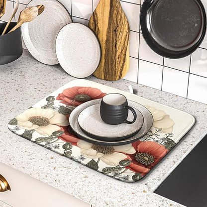 Floral Dish Drying Mat for Kitchen Counter 18x16 Inch Beige Pink Big Flower Drying Mat with Absorbent Reversible Microfiber Season Spring Dish Drainer Mats Rack Pad for Coffee Countertop Protector