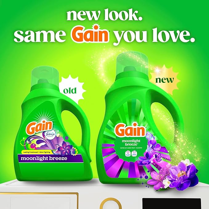 Gain Liquid Laundry Detergent with Odor Defense, Moonlight Breeze Scent, Liquid Detergent And Laundry Soap For HE Washing Machines, 60 fl oz, Pack of 2 (Packaging May Vary)