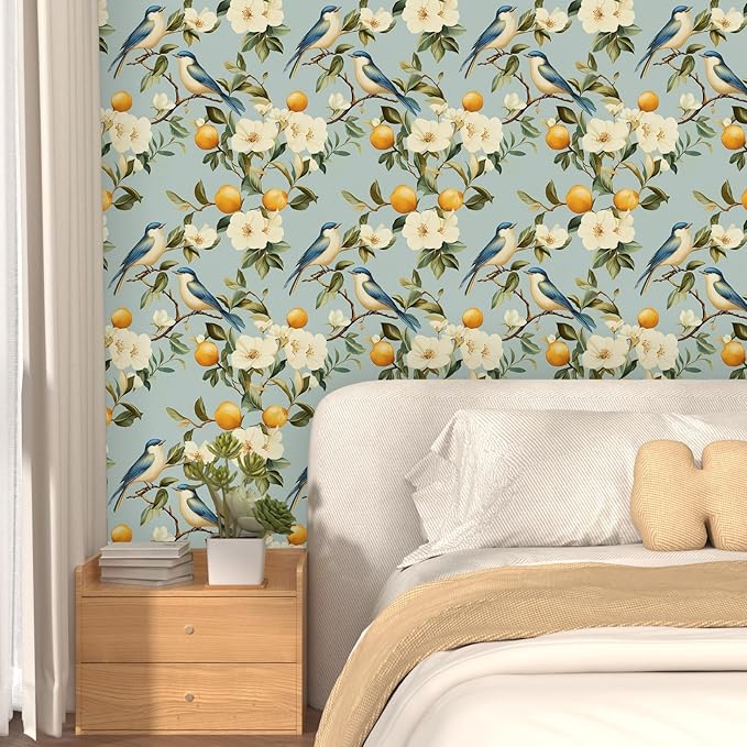 Laatse Birds Wallpaper Peel and Stick, Blue Vintage Floral Fruits Contact Paper 17.5" x 393", Botanical Wall Paper Self Adhesive Removable Waterproof for Bathroom Bedroom Shelf Cabinet Drawer Table