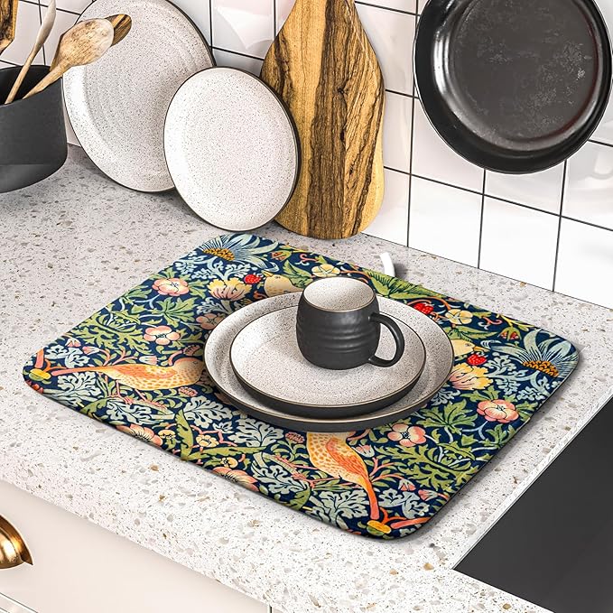 Navy Blue Sage Green Chinoiserie Dish Drying Pad 16 x 18 Inch With Absorbent Reversible Microfiber Vintage Strawberry Floral Bird Drying Mats Dish Drainer Mat Fast Dry For Kitchen