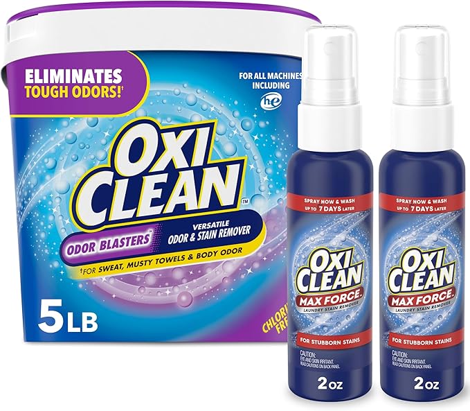 Bundle of OxiClean Max Force Laundry Stain Remover Spray, 2 fl oz, 2PK + OxiClean Odor Blasters Versatile Odor and Stain Remover Powder, 5 lb