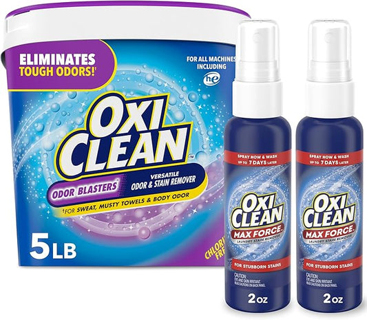 Bundle of OxiClean Max Force Laundry Stain Remover Spray, 2 fl oz, 2PK + OxiClean Odor Blasters Versatile Odor and Stain Remover Powder, 5 lb