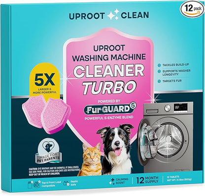 Uproot Clean Washing Machine Cleaner Tablets Turbo - 5x Stronger - 12 Pack for a 12 Month Supply - 5 Enzyme Formula Designed for Pet Owners - Fur, Grime & Odors - Compatible with HE, Top & Front Load