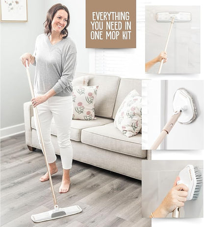 Quick Shine Ultimate Gold Clean + Polish Mop Kit | All-in-One 9 Pc Kit w/Interchangeable Attachments | No Batteries Needed | Pro Cleaning System for All Floor Types | 2-in-1 Mop