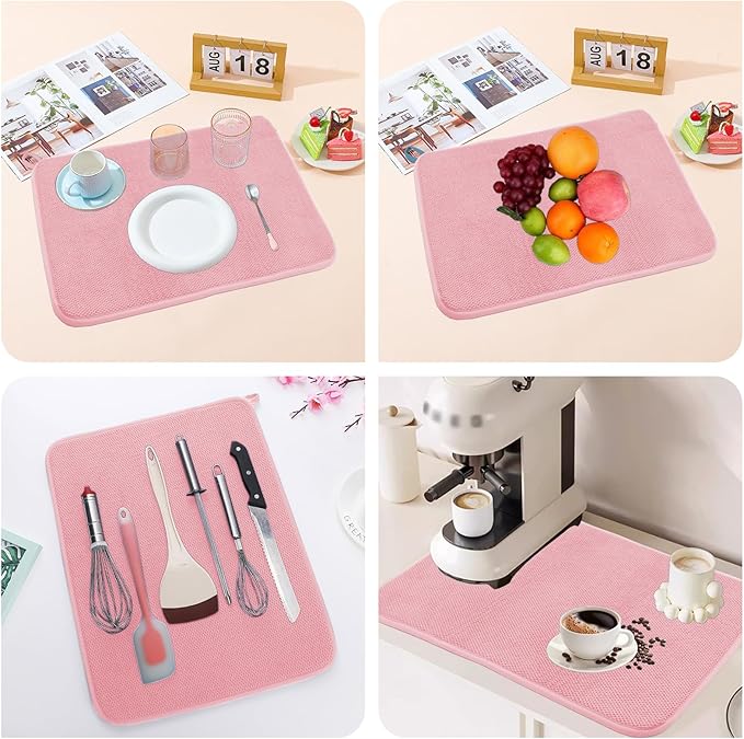2 Pack Microfiber Dish Drying Mats with Hanging Loop, 20*15 Inch Absorbent Dish Drainer Kitchen Counter, Solid Color Dish Drying Pad for Countertops, Sinks, Draining Racks (Pink)