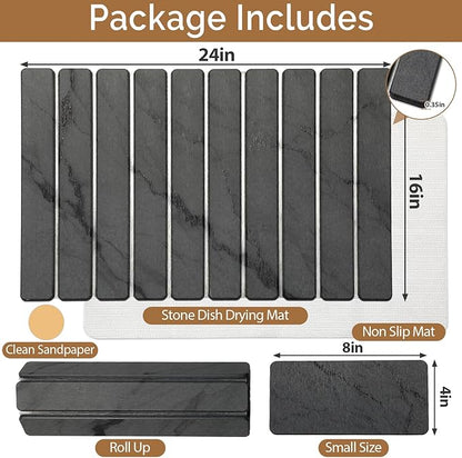 Large Stone Dish Drying Mat for Kitchen Counter, Quick Dry Stone Dishes Mats,Foldable Water Absorbing Diatomaceous Earth Drying Organizer Pad for Plate Rack Bottles Utensils(Dark Gray 24"×16" & 8"x4")