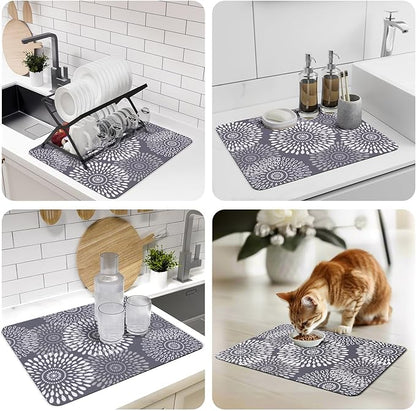 LuxStep Dish Drying Mat Super Absorbent Kitchen Counter Mat Rubber Backing Draining Mat Easy to Clean Kitchen Accessories Dish Rack Pad for Dishes, Utensils, Countertops, Sinks 15" x 18" Grey