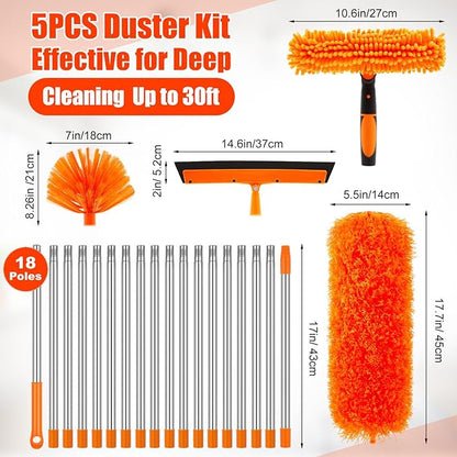 30 Feet High Reach Duster Kit with 2-24 ft Extension Pole High Ceiling Dusting and Window Cleaning Kit with Window Washer & Squeegee, Cobweb Duster, Washable Head for Ceiling Fan(Orange)