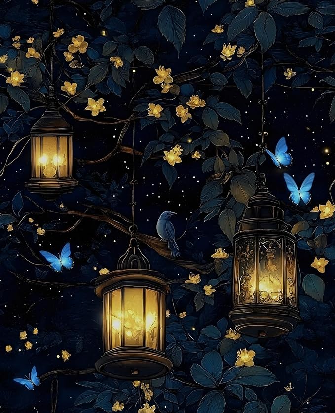 Dark Floral Peel and Stick Wallpaper, Wonderland Forest with Lighting Butterfly Self Adhesive Wallpaper for Bedroom Cubicle Drawer, Vinyl Waterproof Fantasy Contact Paper Black 17.5In x 118In