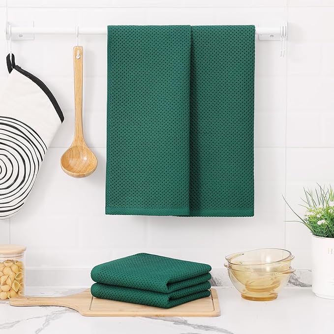 Kitinjoy 100% Cotton Waffle Weave Kitchen Hand Towels (13 X 28 Inches, Dark Green), 8-Pack Super Soft and Absorbent Dish Towel for Drying Dishes