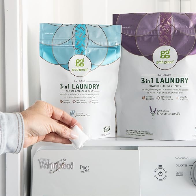 Grab Green Natural 3 in 1 Laundry Detergent Pods, Lavender + Vanilla-With Essential Oils, 24 Loads, Organic Enzyme-Powered, Plant & Mineral-Based, 13.5 Ounce