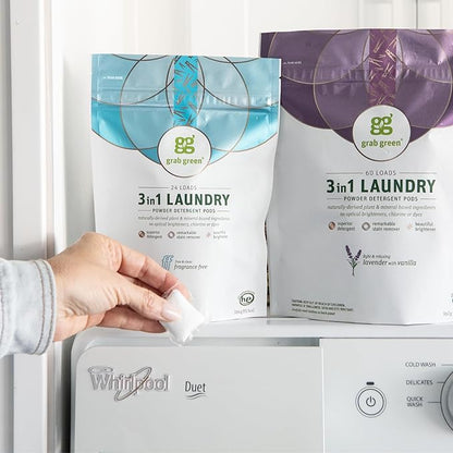 Grab Green Natural 3 in 1 Laundry Detergent Pods, Free & Clear/Unscented, 24 Loads, Fragrance Free, Organic Enzyme-Powered, Plant & Mineral-Based, 13.5 Ounce, 24 Count