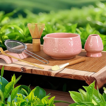 8 Pcs Matcha Whisk Set: Matcha Bowl, Whisk and Holder, Cleaning Brush, Bamboo Scoop, 304 Sifter, Tool Holder, Tea Mat – Matcha Set Kit Gifts for Women, Mom, Valentines Day (Pink)