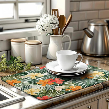 Tropical Palm Leaves Dish Drying Mat for Kitchen Counter Watercolor Flowers Leaf Drying Mat Dish Pads Reversible Absorbent Microfiber Dish Drainer Rack Mat for Countertop 18x24 Inch